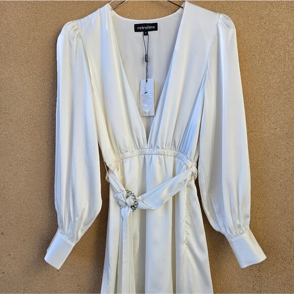 Retrofete Long Sleeve Ivory White Mini Dress Waist Tie Satin Silk Sz Small - Picture 5 of 14